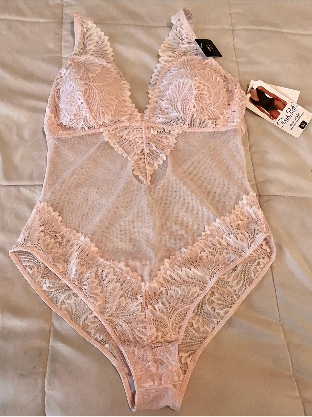 Rene Rofe Pink Lace Teddy One Piece Lingerie Bodysuit Womens size m NWT